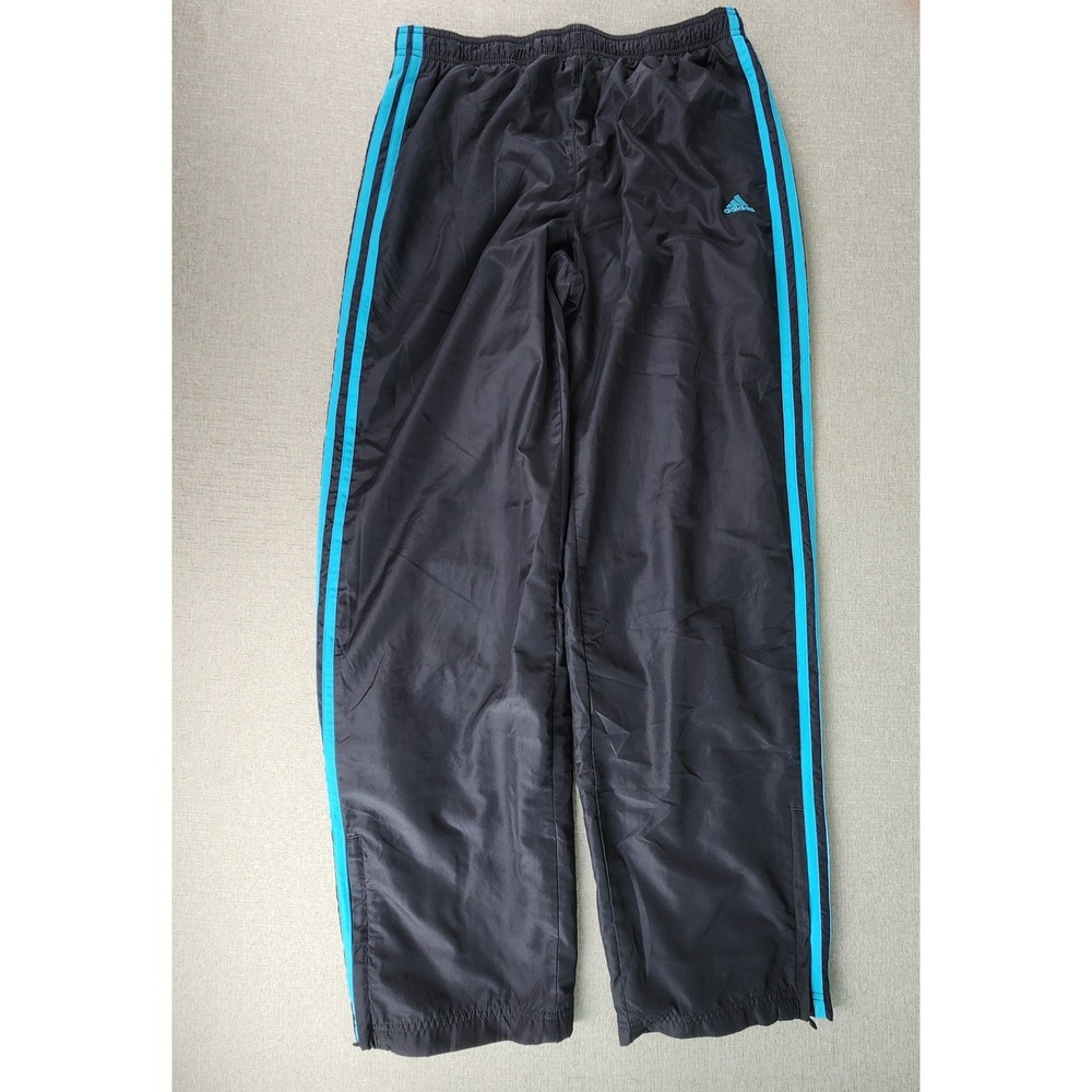 Adidas Mens Medium Track Pants Black Teal Stripes Mesh Lined Windbreaker Y2K EUC
